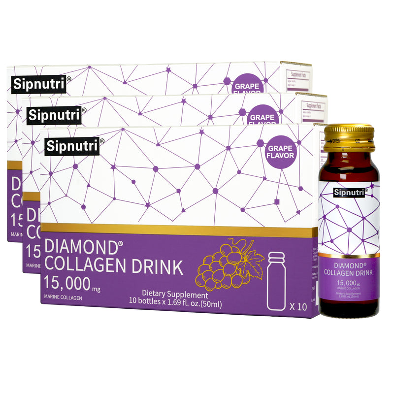 Sipnutri Diamond Liquid Collagen Drink, Grape Flavor, 15000mg Hydrolyzed Marine Fish Collagen, 3 Boxes/30 Bottles